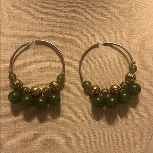 Versatile Vintage Green and Gold Beaded Silver Tone Hoop Earrings